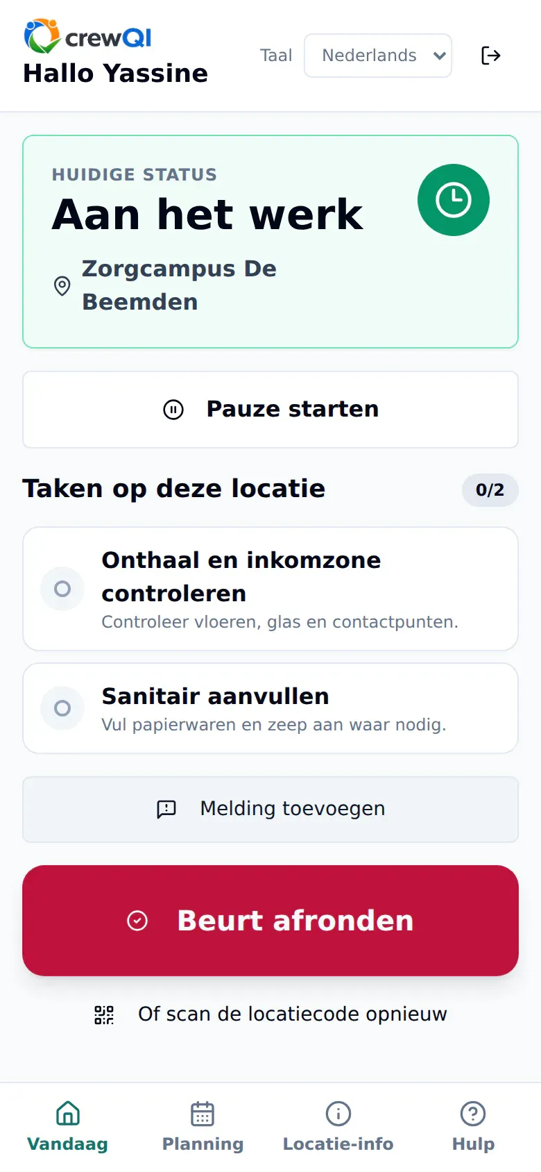 Nederlandstalig crewQI-medewerkerscherm met een actieve werkbeurt van Yassine El Amrani bij Zorgcampus De Beemden, een taak en knoppen voor pauze en afronden.