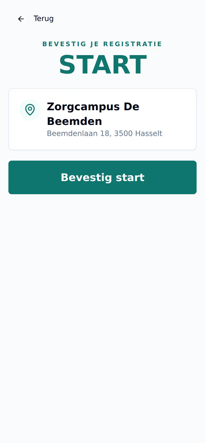 Nederlandstalig crewQI-bevestigingsscherm voor de start bij Zorgcampus De Beemden met een synthetisch adres.