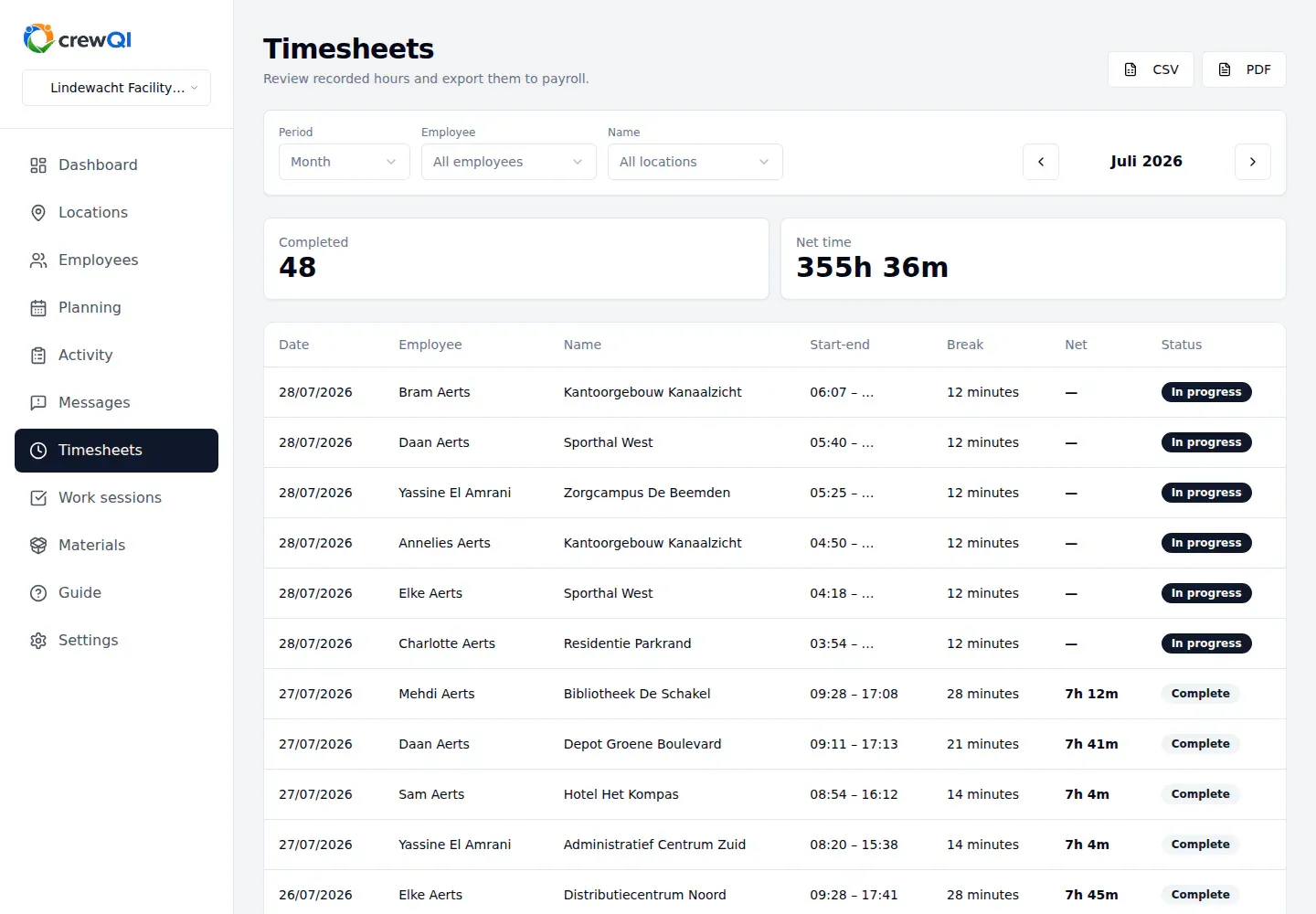 English crewQI timesheet screen with filters, synthetic employees and locations, realistic net time and export controls.